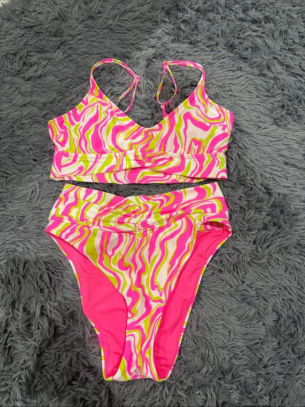 aerie Neon Pink and Lime Green Swirl Bikini Set
